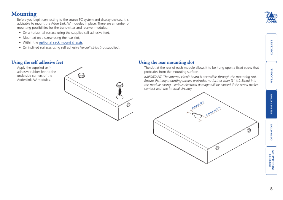 Mounting, Using the self adhesive feet, Using the rear mounting slot | 8 using the rear mounting slot | Adder Technology AdderLink AV Series User Manual | Page 9 / 26