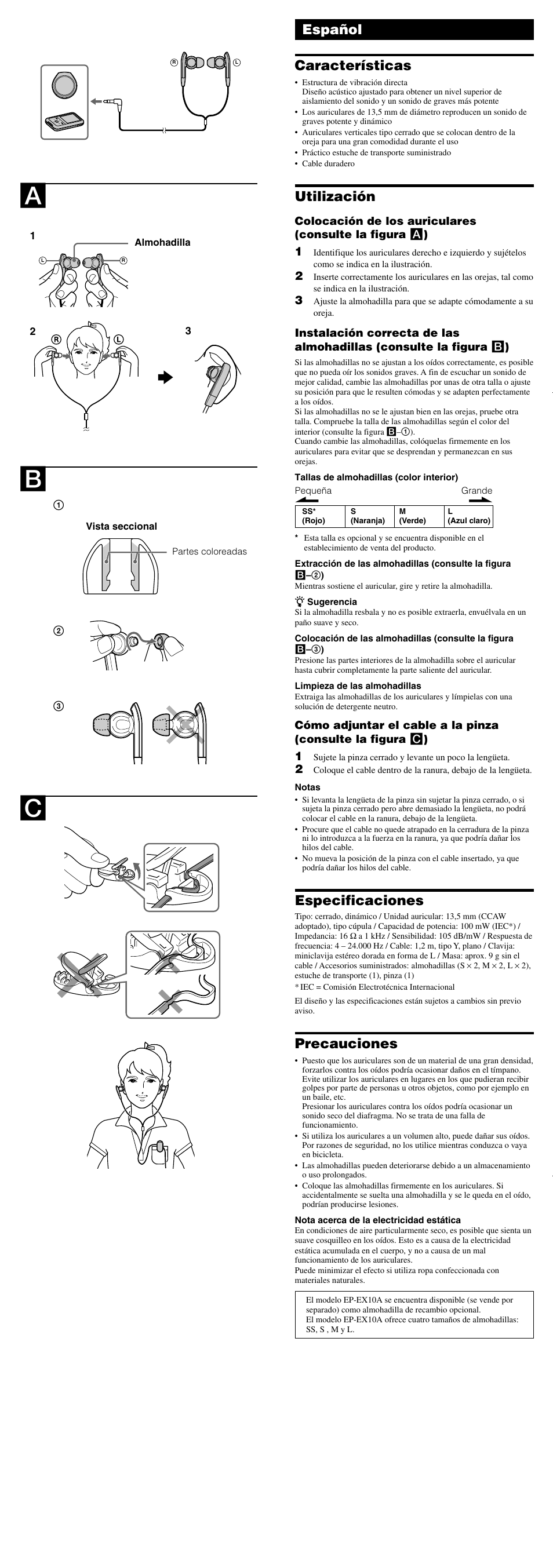 Español características, Utilización, Especificaciones | Precauciones | Sony MDR-XB40EX User Manual | Page 2 / 2