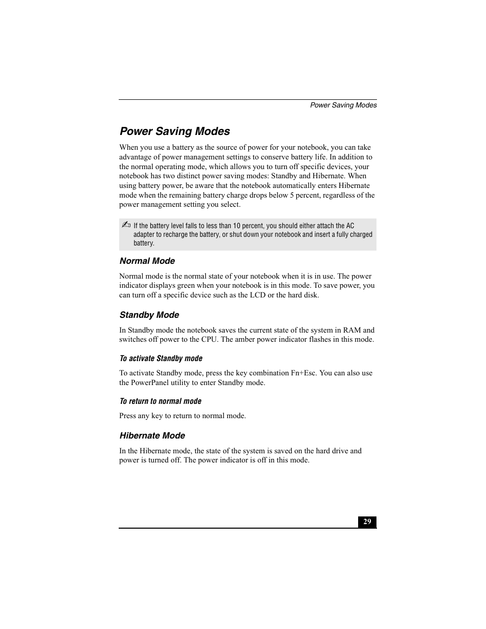 Power saving modes, Normal mode, Standby mode | To activate standby mode, To return to normal mode, Hibernate mode | Sony PCG-FX370 User Manual | Page 29 / 80