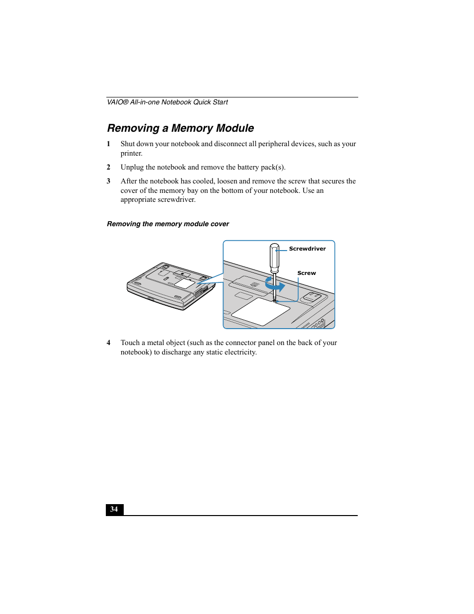 Removing a memory module, Removing the memory module cover | Sony PCG-FX370 User Manual | Page 34 / 80