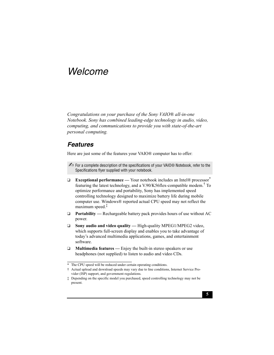 Welcome, Features, Exceptional performance | Portability, Sony audio and video quality, Multimedia features | Sony PCG-FX370 User Manual | Page 5 / 80
