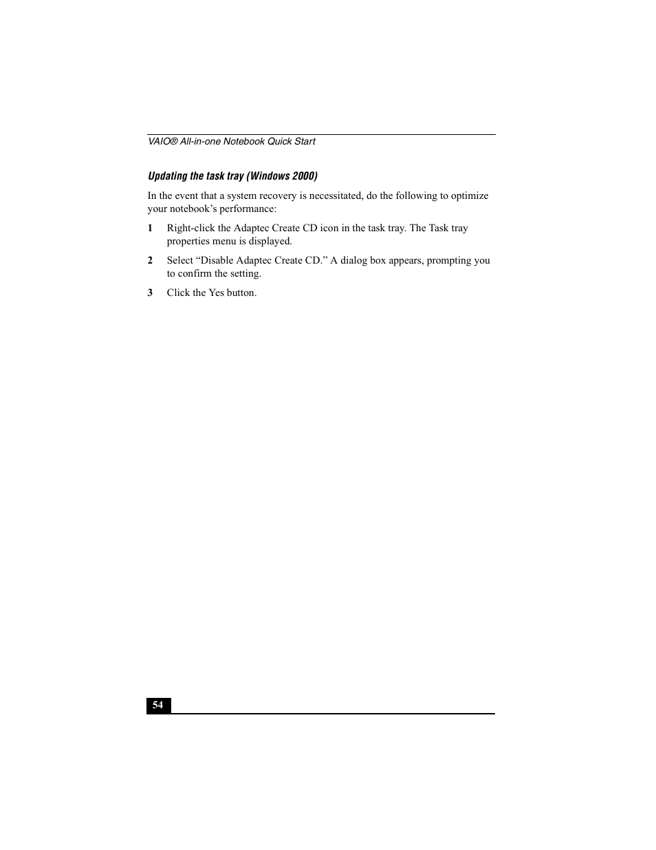 Updating the task tray (windows 2000), 3 click the yes button | Sony PCG-FX370 User Manual | Page 54 / 80