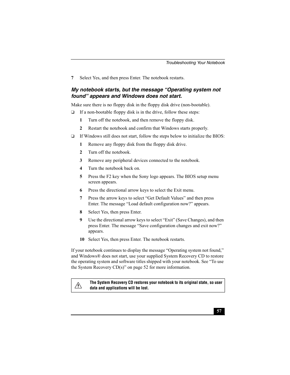 2 turn off the notebook, 4 turn the notebook back on, 8 select yes, then press enter | Sony PCG-FX370 User Manual | Page 57 / 80