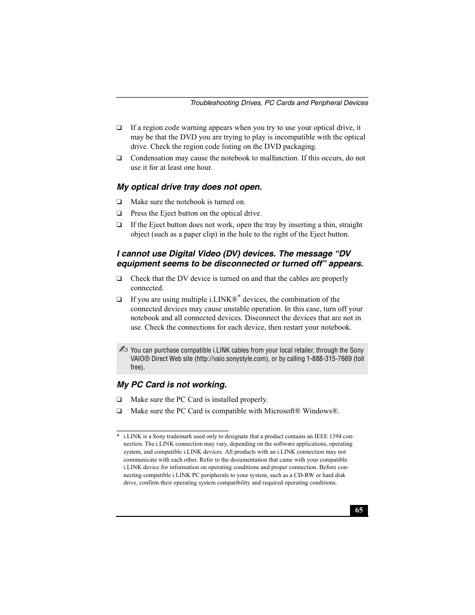 My optical drive tray does not open, My pc card is not working | Sony PCG-FX370 User Manual | Page 65 / 80