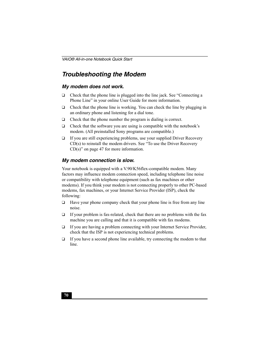 Troubleshooting the modem, My modem does not work, My modem connection is slow | Sony PCG-FX370 User Manual | Page 70 / 80