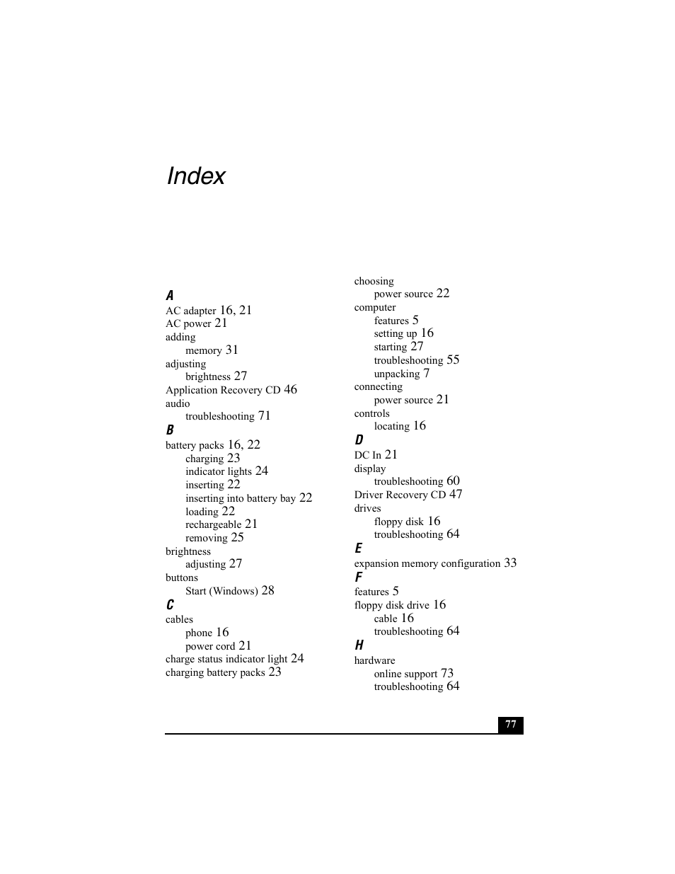 Index | Sony PCG-FX370 User Manual | Page 77 / 80