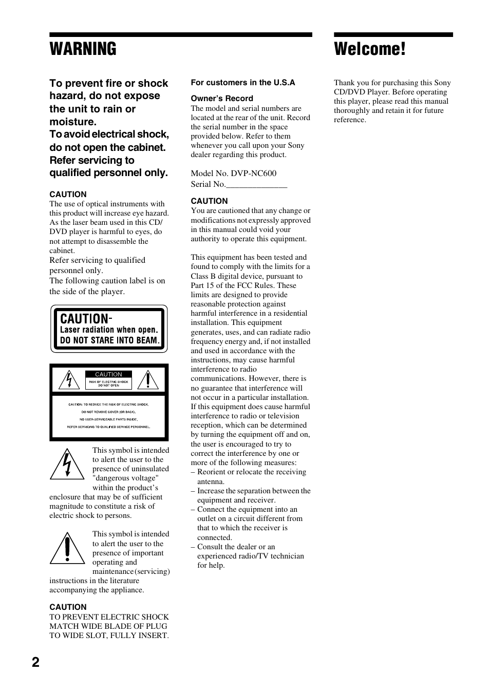 Warning, Welcome | Sony DVP-NC600 User Manual | Page 2 / 80