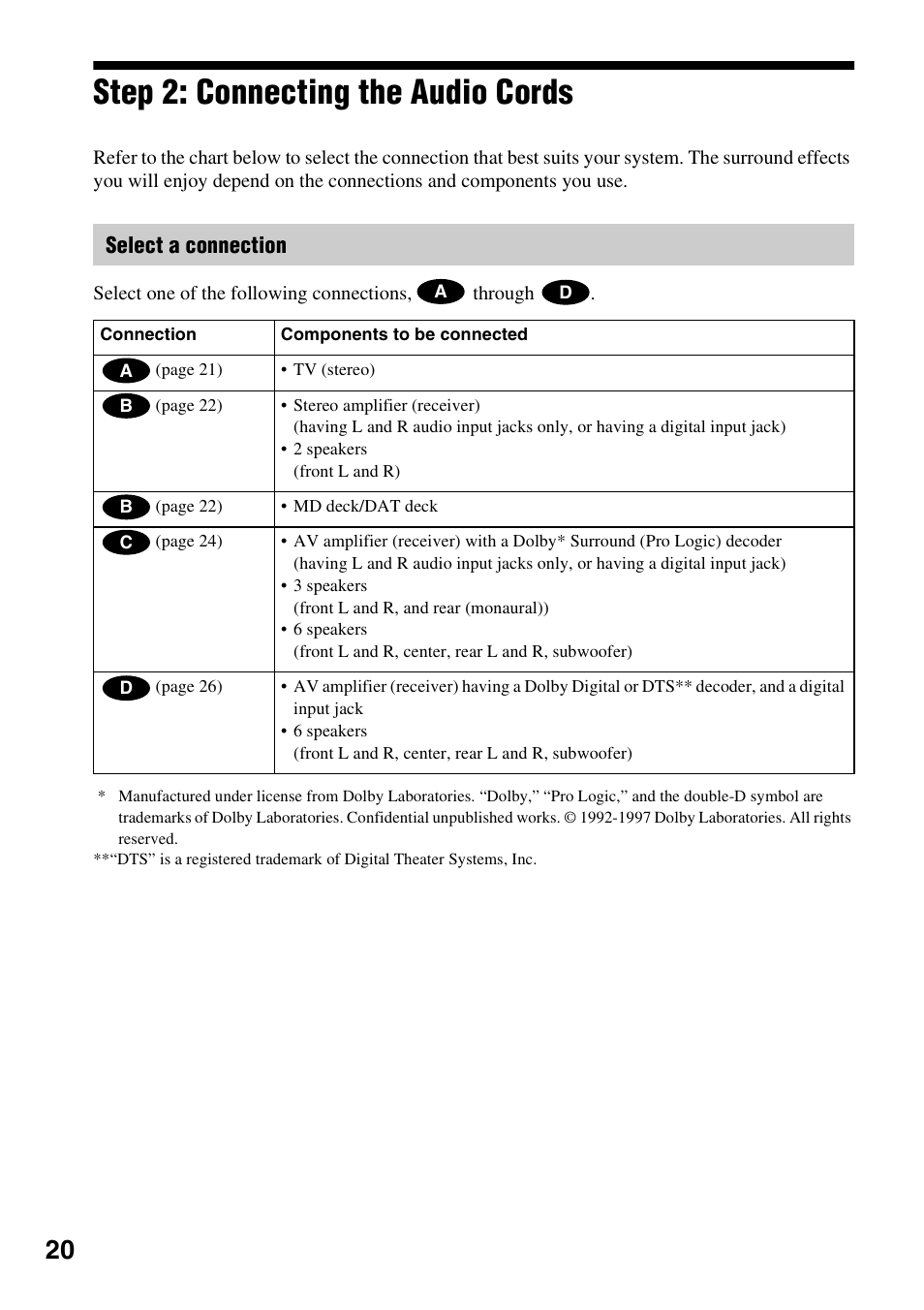 Step 2: connecting the audio cords, Select a connection | Sony DVP-NC600 User Manual | Page 20 / 80