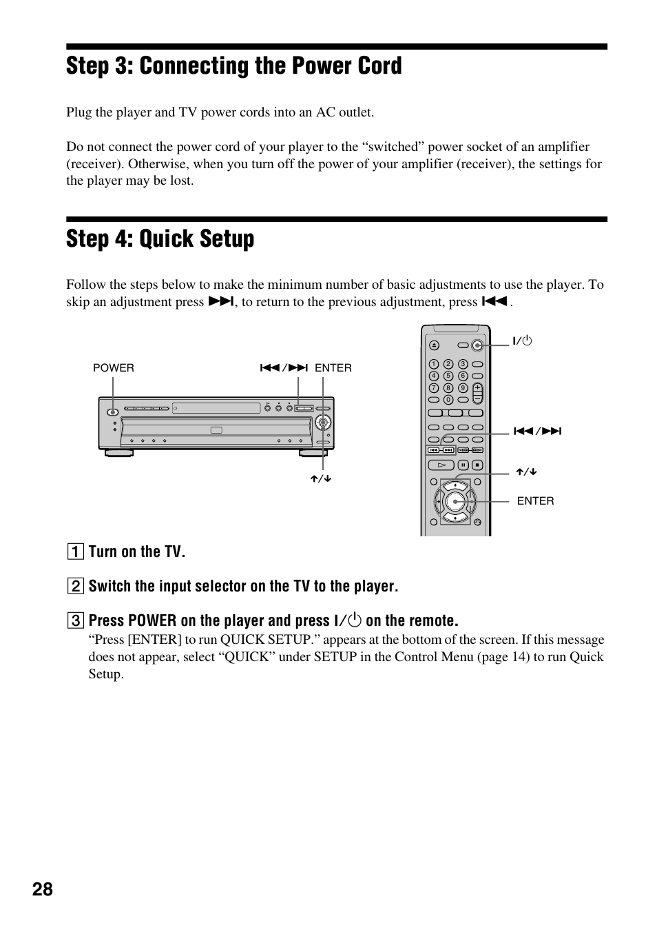 Step 3: connecting the power cord, Step 4: quick setup | Sony DVP-NC600 User Manual | Page 28 / 80