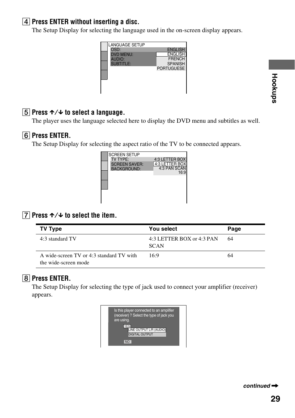 Hook ups d press enter without inserting a disc, E press x/x to select a language, F press enter | G press x/x to select the item. h press enter | Sony DVP-NC600 User Manual | Page 29 / 80