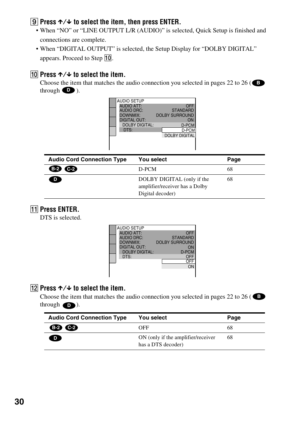 I press x/x to select the item, then press enter, J press x/x to select the item, K press enter | L press x/x to select the item, Dts is selected | Sony DVP-NC600 User Manual | Page 30 / 80