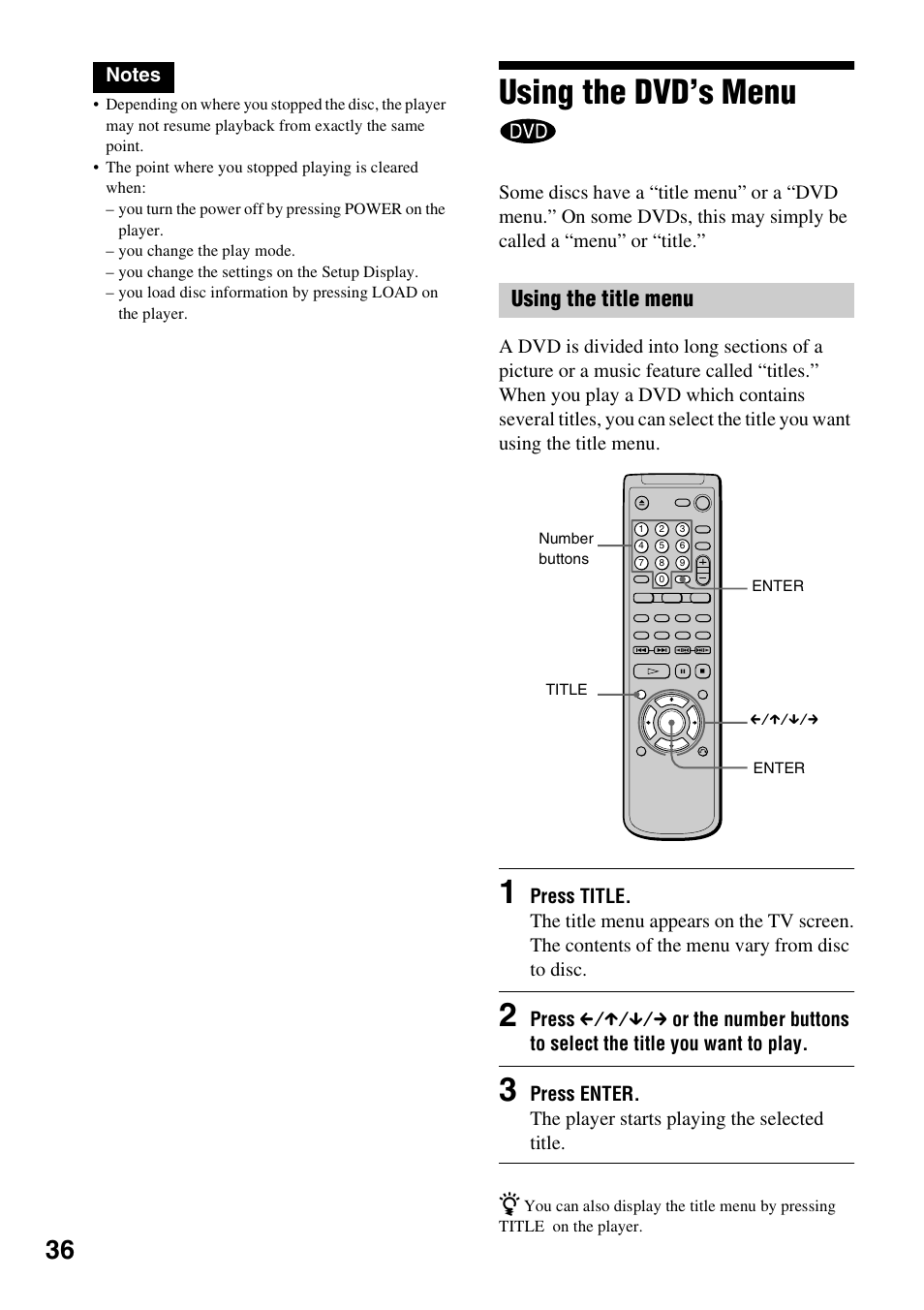 Using the dvd’s menu, Using the title menu | Sony DVP-NC600 User Manual | Page 36 / 80