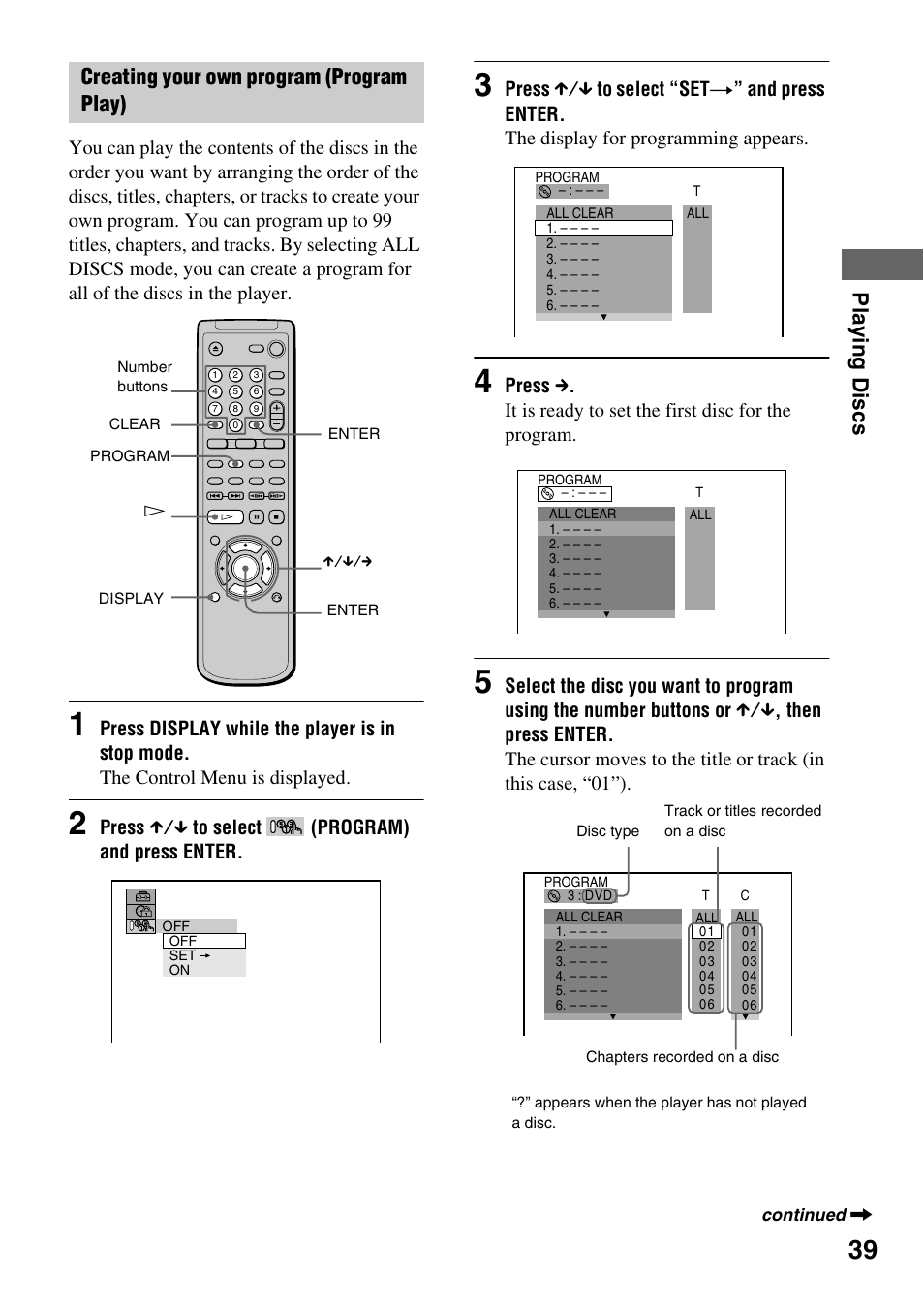 Play in g disc s, Creating your own program (program play), Press x/x to select (program) and press enter | Sony DVP-NC600 User Manual | Page 39 / 80