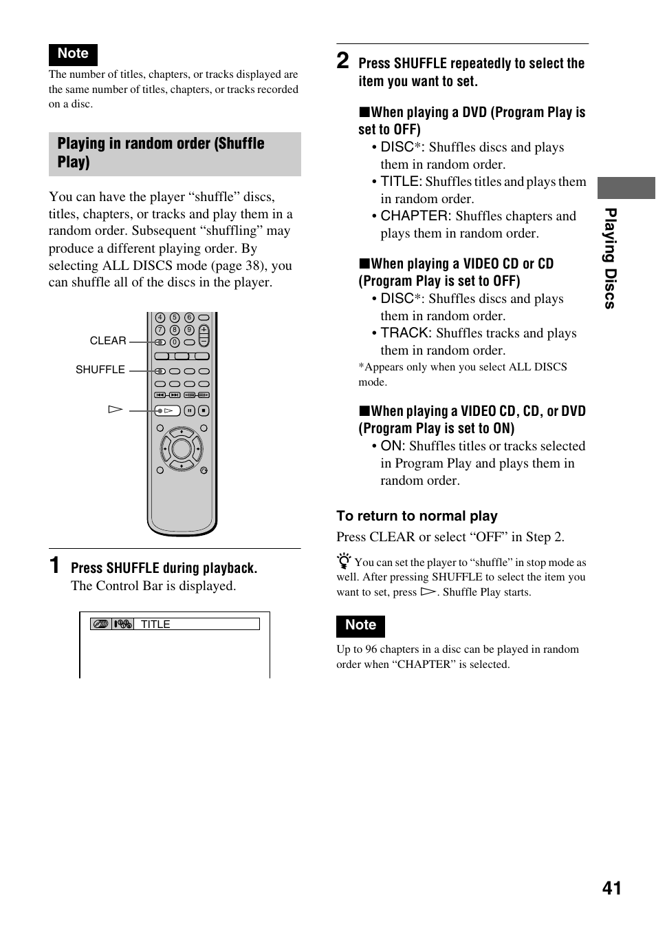 Play in g disc s, Playing in random order (shuffle play) | Sony DVP-NC600 User Manual | Page 41 / 80