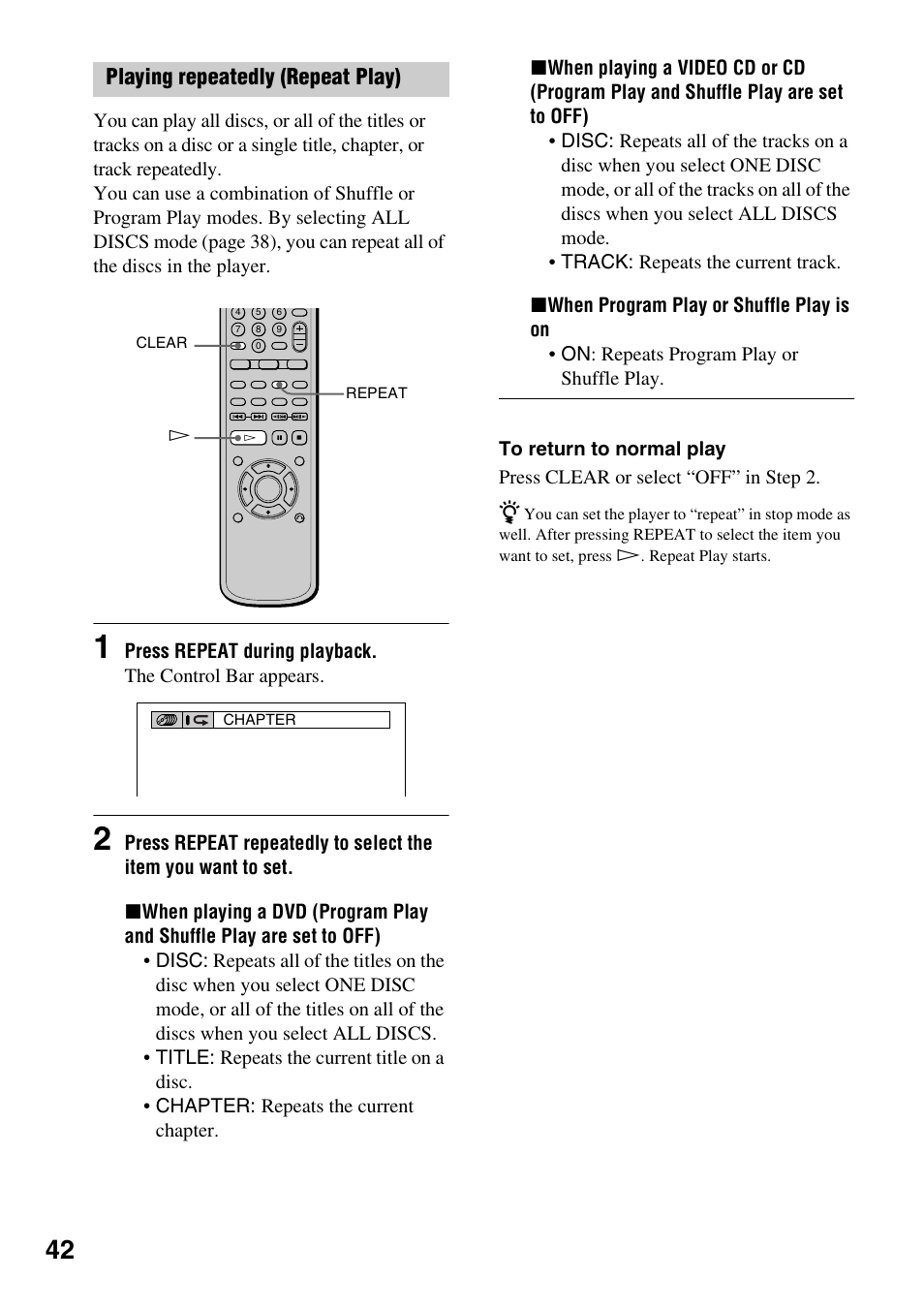 Playing repeatedly (repeat play) | Sony DVP-NC600 User Manual | Page 42 / 80