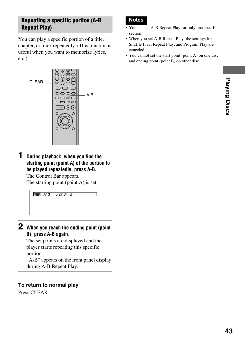 Play in g disc s, Repeating a specific portion (a-b repeat play) | Sony DVP-NC600 User Manual | Page 43 / 80