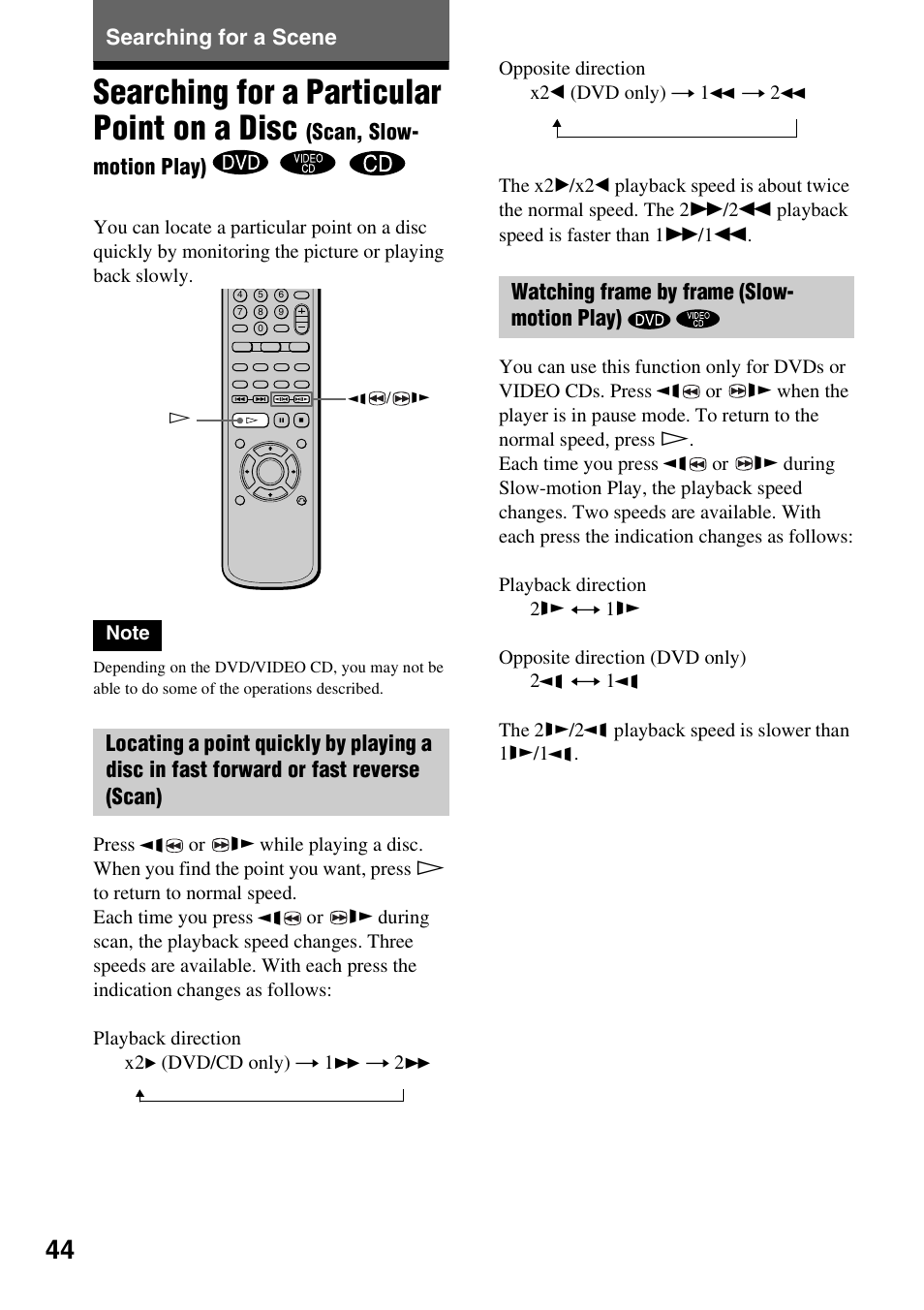 Searching for a scene, Searching for a particular point on a disc | Sony DVP-NC600 User Manual | Page 44 / 80