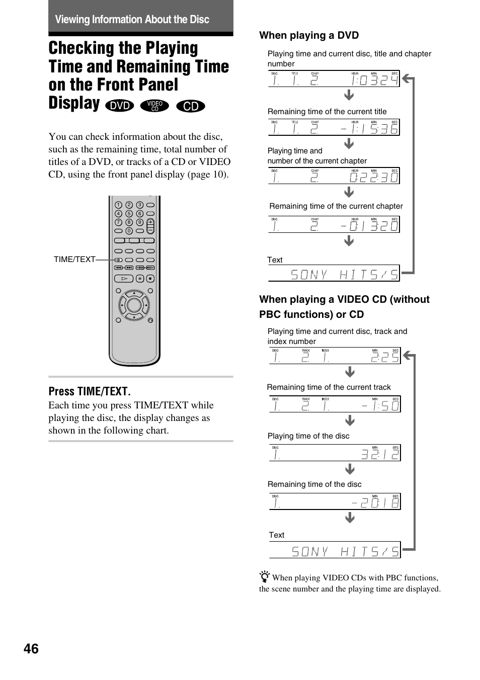 Viewing information about the disc, Press time/text | Sony DVP-NC600 User Manual | Page 46 / 80