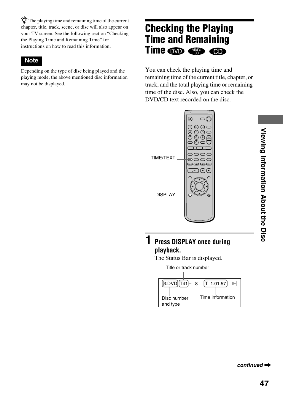 Checking the playing time and remaining time, Press display once during playback | Sony DVP-NC600 User Manual | Page 47 / 80