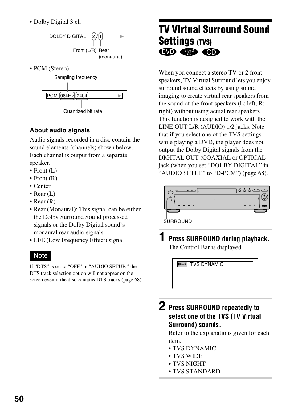 Tv virtual surround sound settings (tvs), Tv virtual surround sound settings | Sony DVP-NC600 User Manual | Page 50 / 80