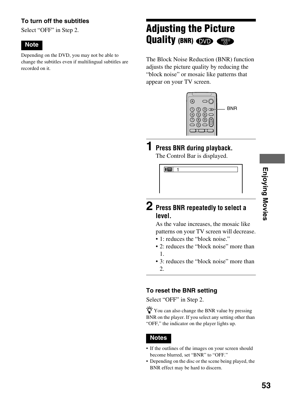 Adjusting the picture quality (bnr), Adjusting the picture quality | Sony DVP-NC600 User Manual | Page 53 / 80