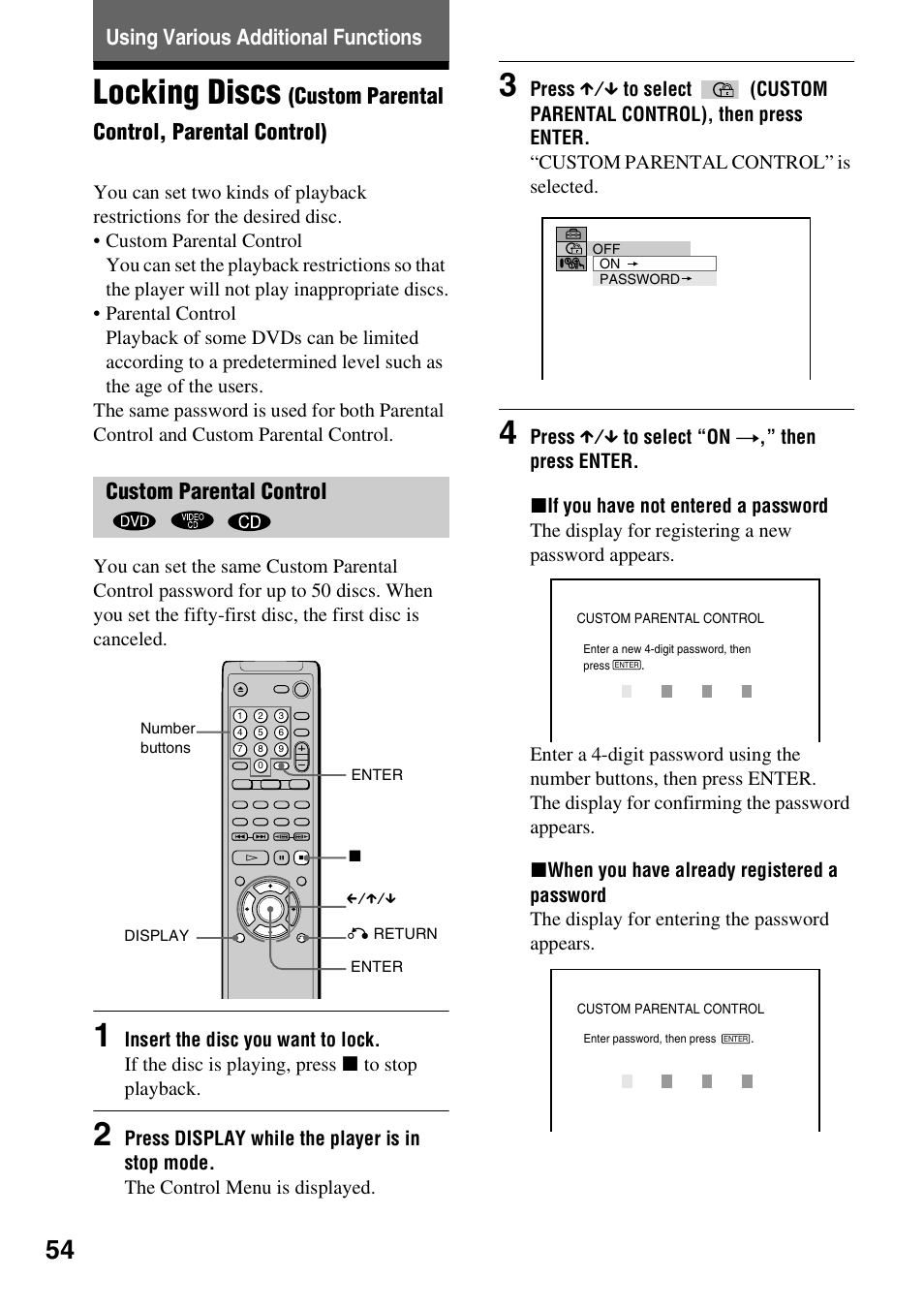 Using various additional functions, Locking discs, Custom parental control, parental control) | Custom parental control | Sony DVP-NC600 User Manual | Page 54 / 80