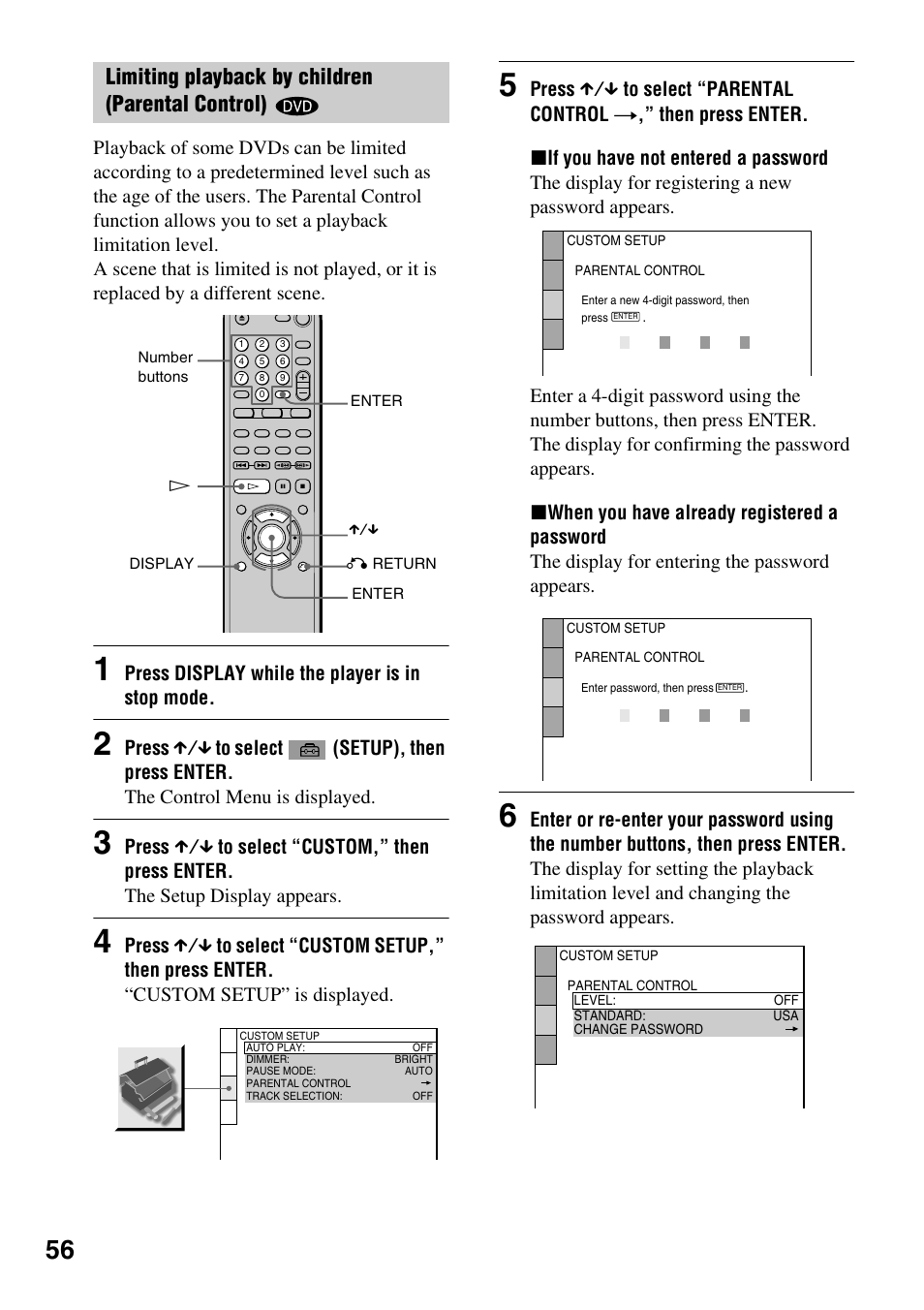 Limiting playback by children (parental control), Press display while the player is in stop mode | Sony DVP-NC600 User Manual | Page 56 / 80