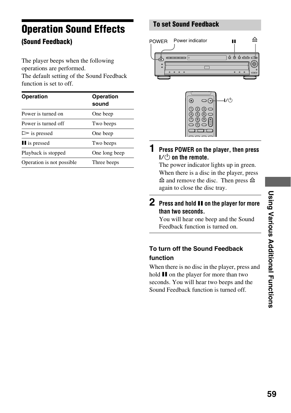 Operation sound effects (sound feedback), Operation sound effects, Us ing va ri ous addition a l func tions | Sound feedback) | Sony DVP-NC600 User Manual | Page 59 / 80