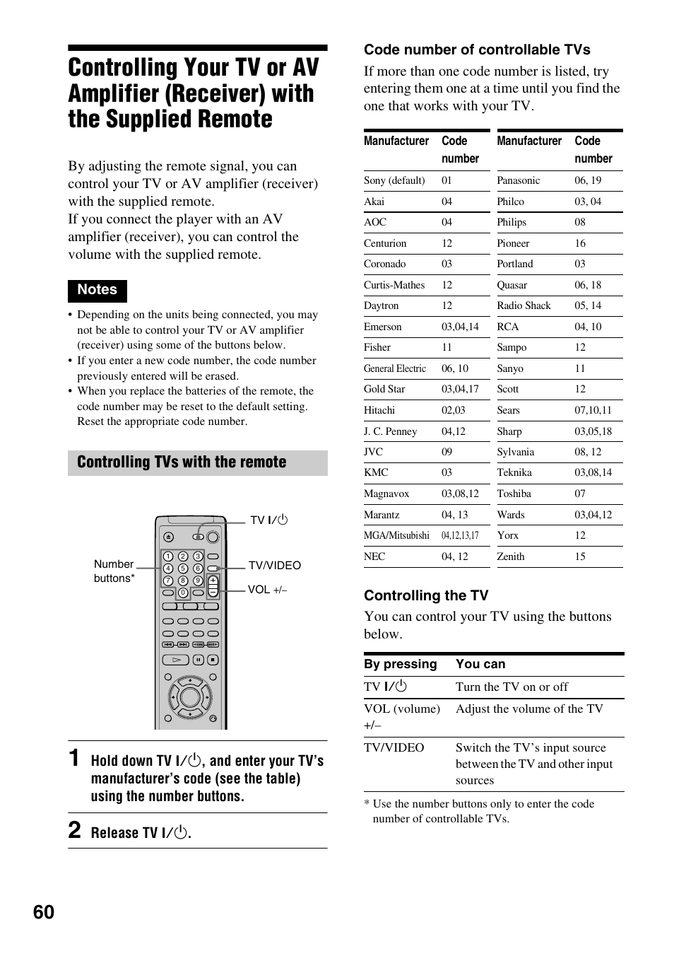 Controlling tvs with the remote | Sony DVP-NC600 User Manual | Page 60 / 80