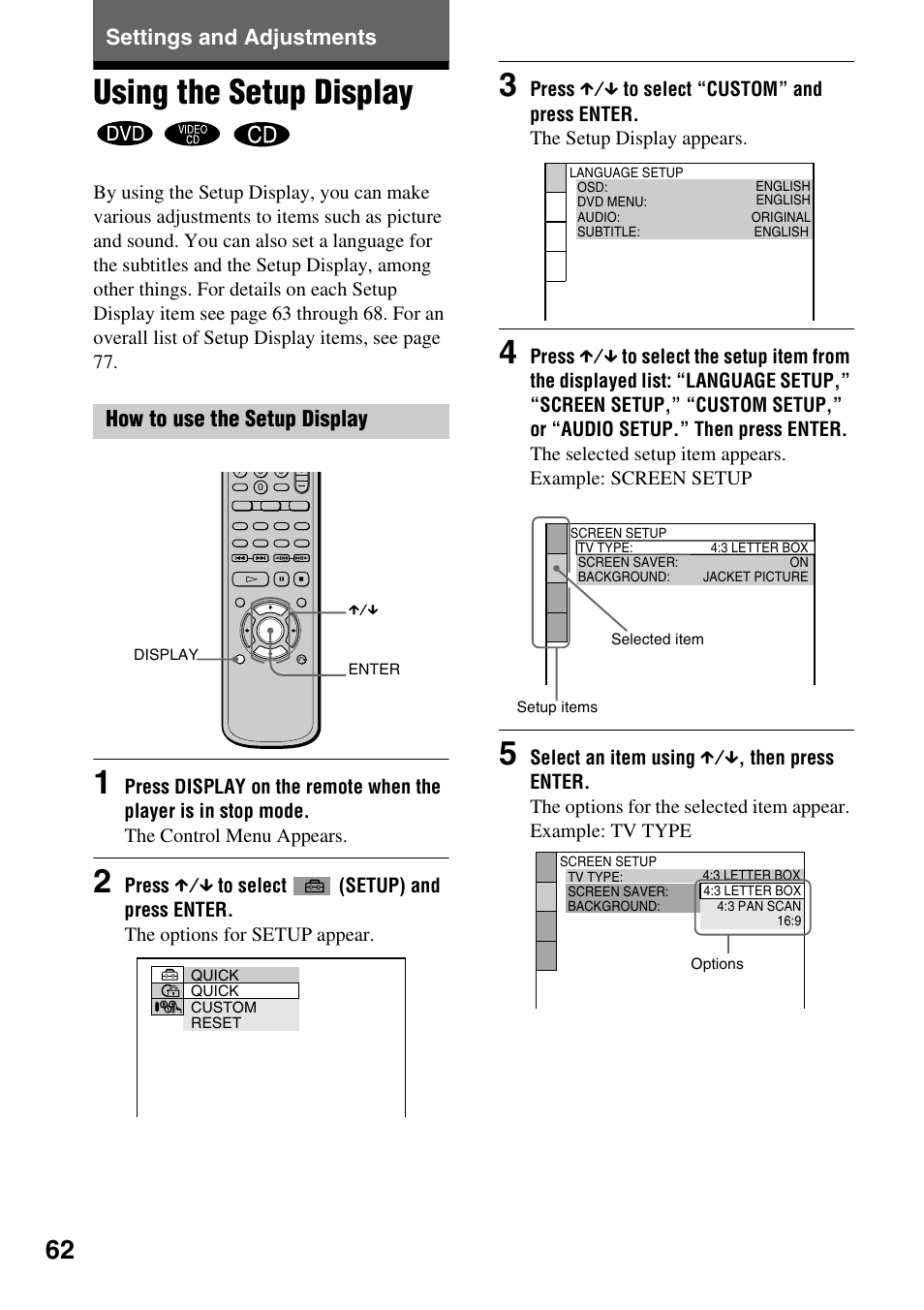 Settings and adjustments, Using the setup display, How to use the setup display | Sony DVP-NC600 User Manual | Page 62 / 80