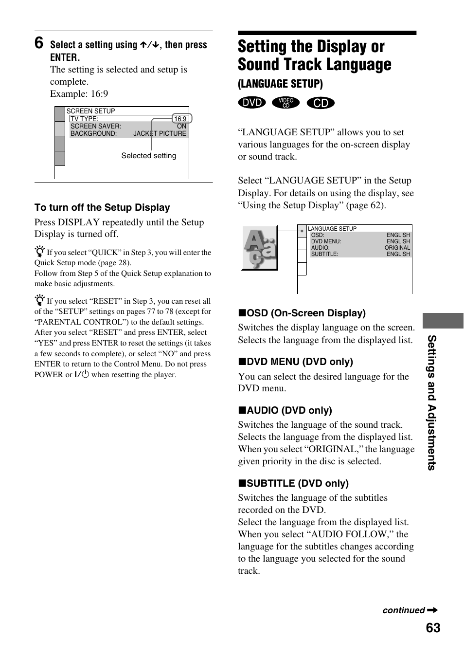 Setting the display or sound track language | Sony DVP-NC600 User Manual | Page 63 / 80