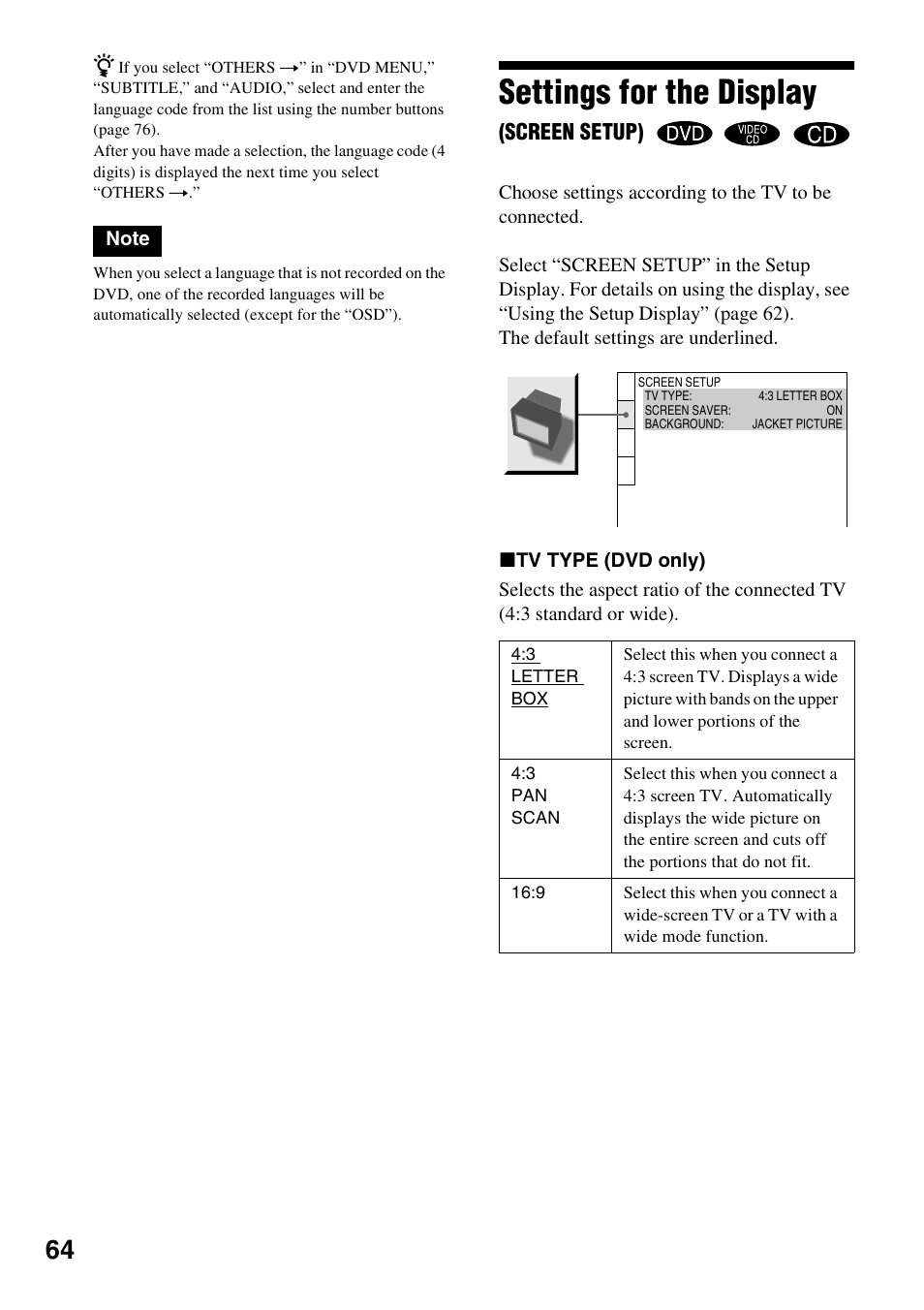 Settings for the display (screen setup), Settings for the display, Screen setup) | Sony DVP-NC600 User Manual | Page 64 / 80