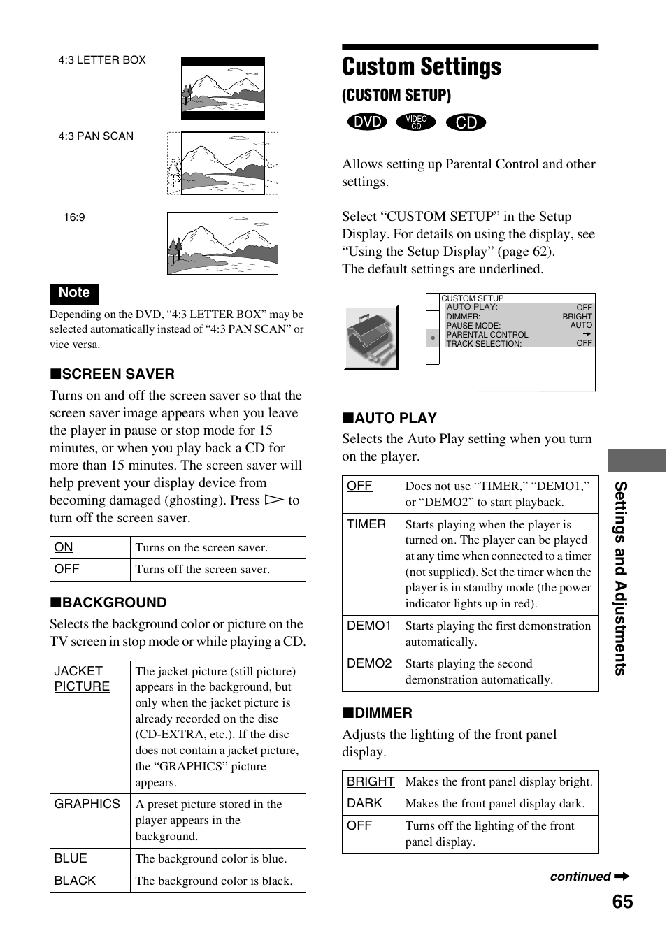 Custom settings (custom setup), Custom settings, Se tt ings a nd adjus tme nts | Custom setup) | Sony DVP-NC600 User Manual | Page 65 / 80