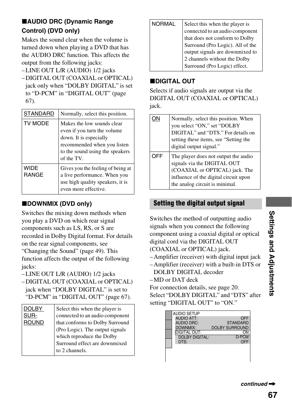 Se tt ings a nd adjus tme nts, Setting the digital output signal | Sony DVP-NC600 User Manual | Page 67 / 80