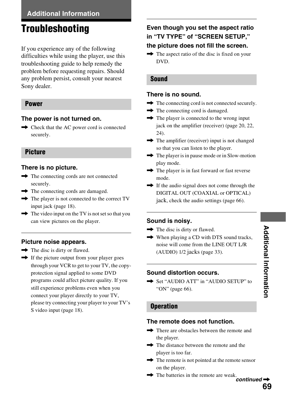 Additional information, Troubleshooting | Sony DVP-NC600 User Manual | Page 69 / 80