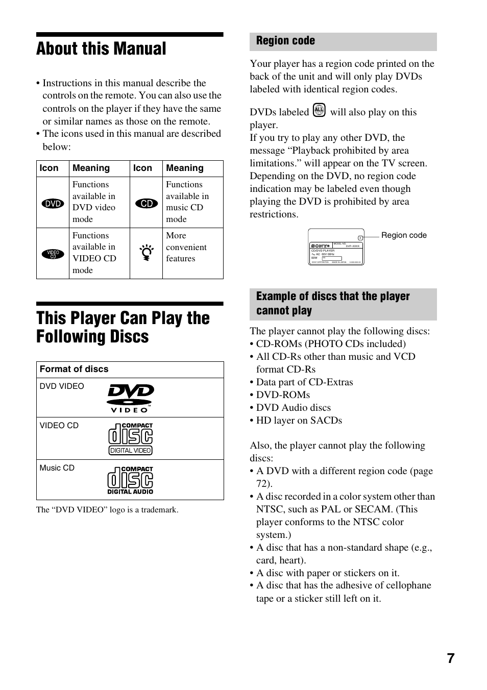 About this manual, This player can play the following discs | Sony DVP-NC600 User Manual | Page 7 / 80