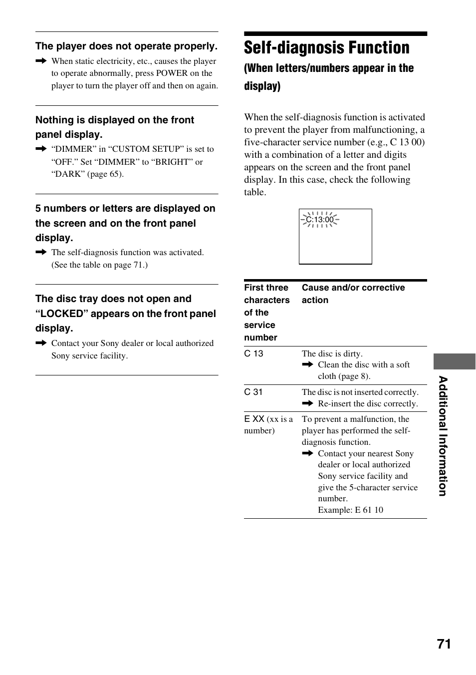 Self-diagnosis function | Sony DVP-NC600 User Manual | Page 71 / 80