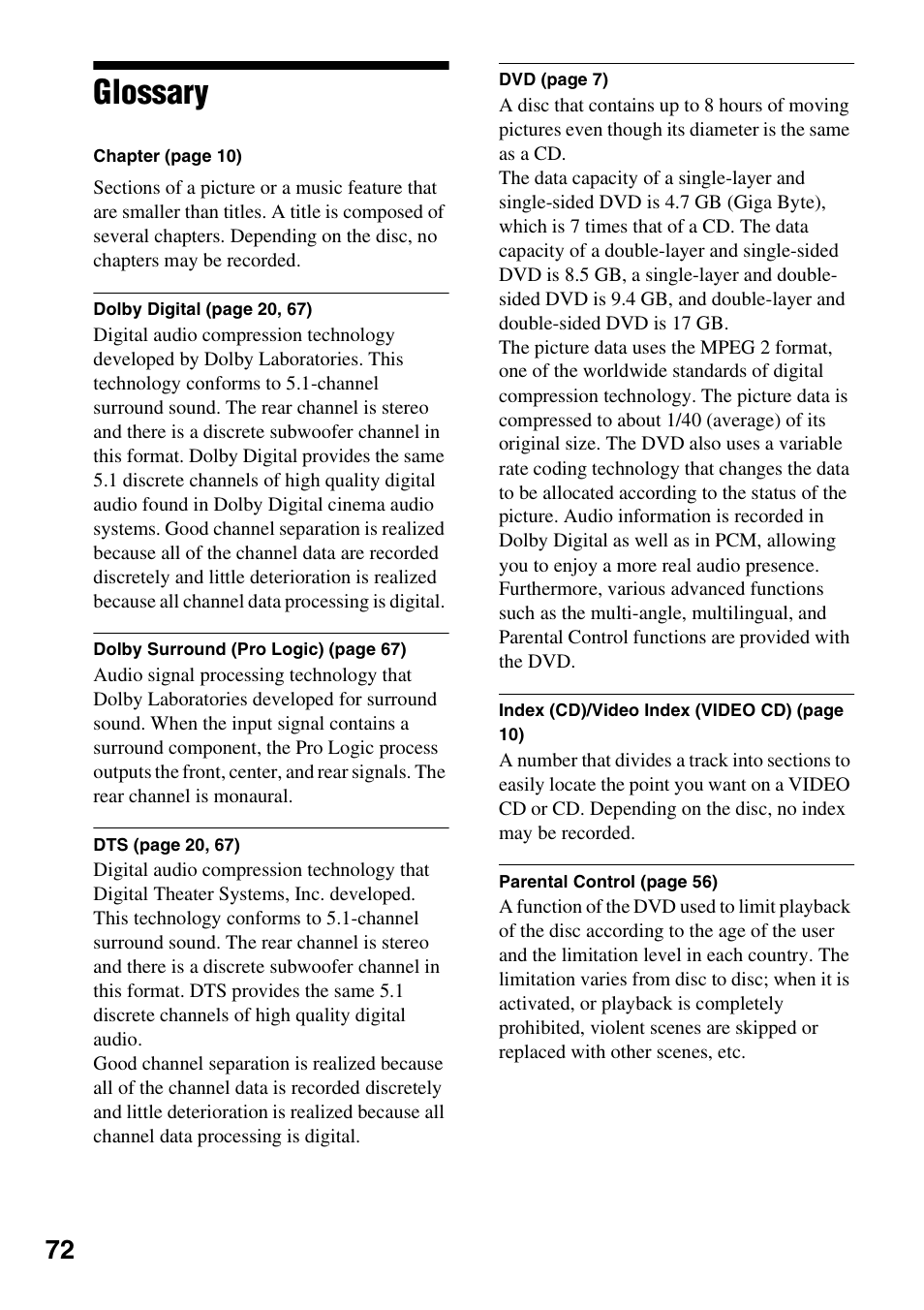 Glossary | Sony DVP-NC600 User Manual | Page 72 / 80