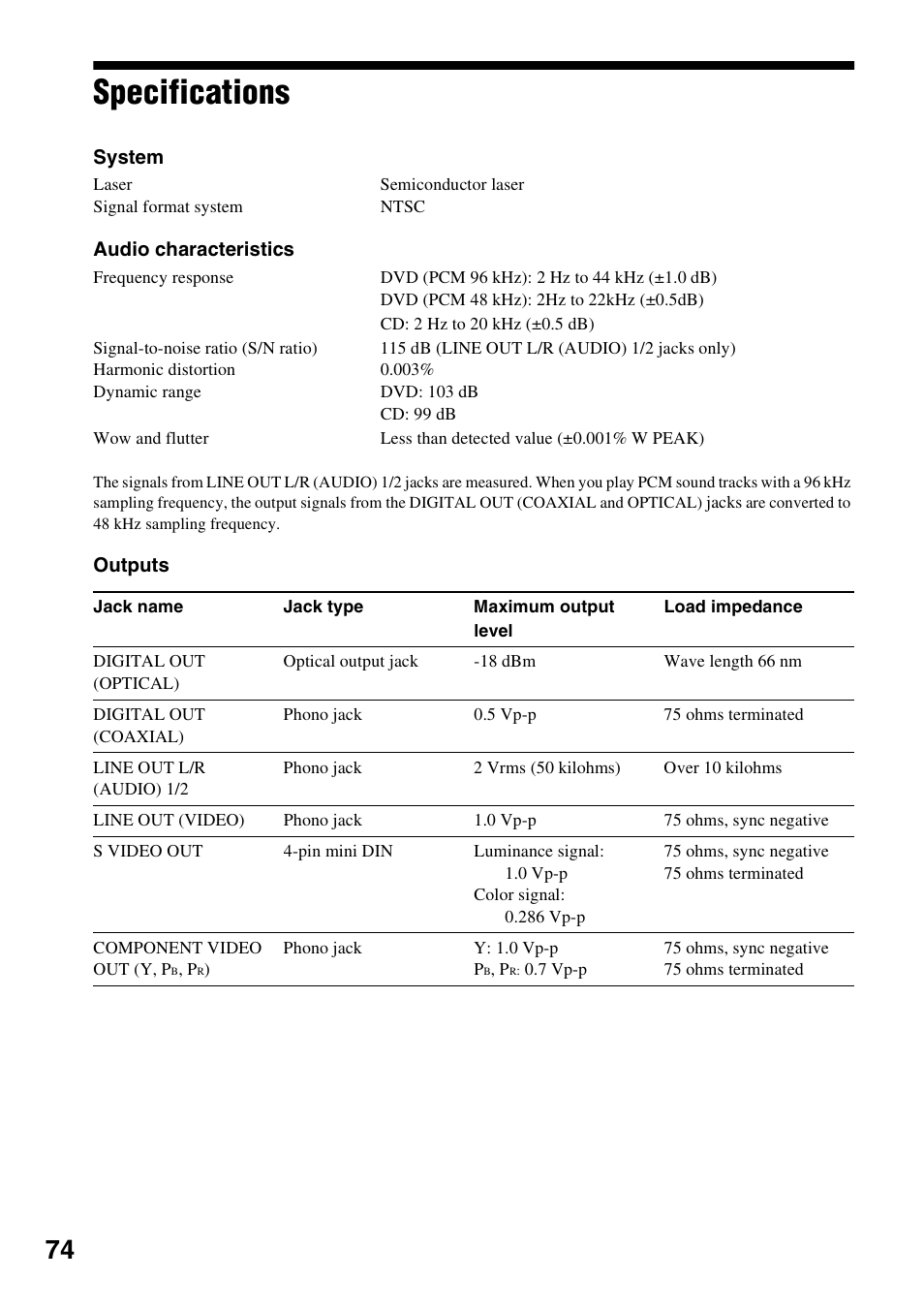 Specifications | Sony DVP-NC600 User Manual | Page 74 / 80