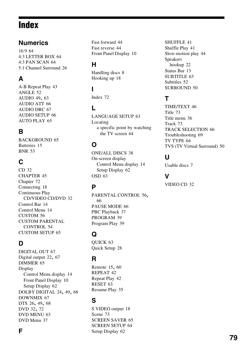 Index | Sony DVP-NC600 User Manual | Page 79 / 80