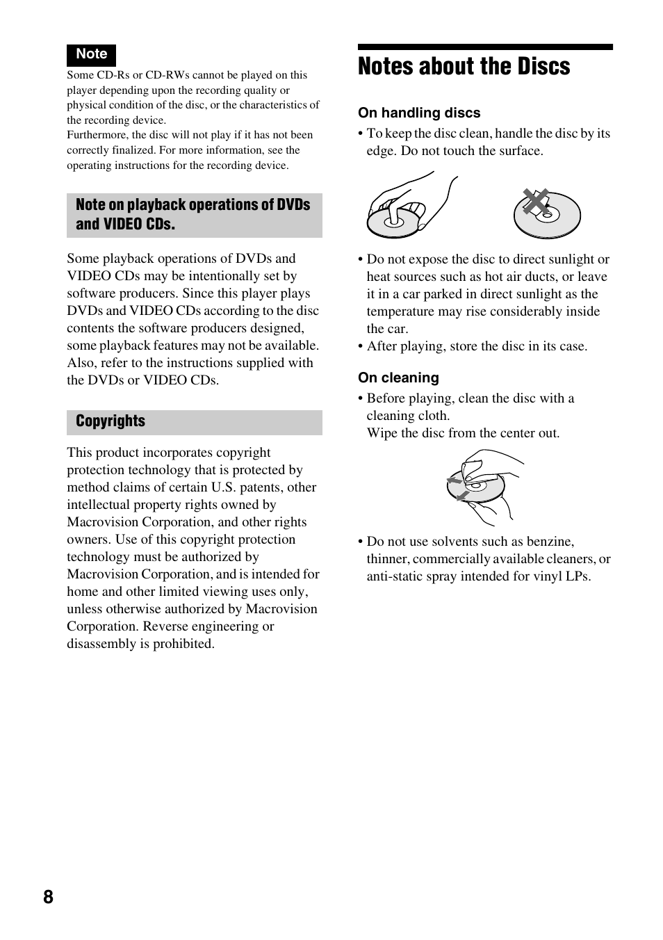 Notes about the discs | Sony DVP-NC600 User Manual | Page 8 / 80