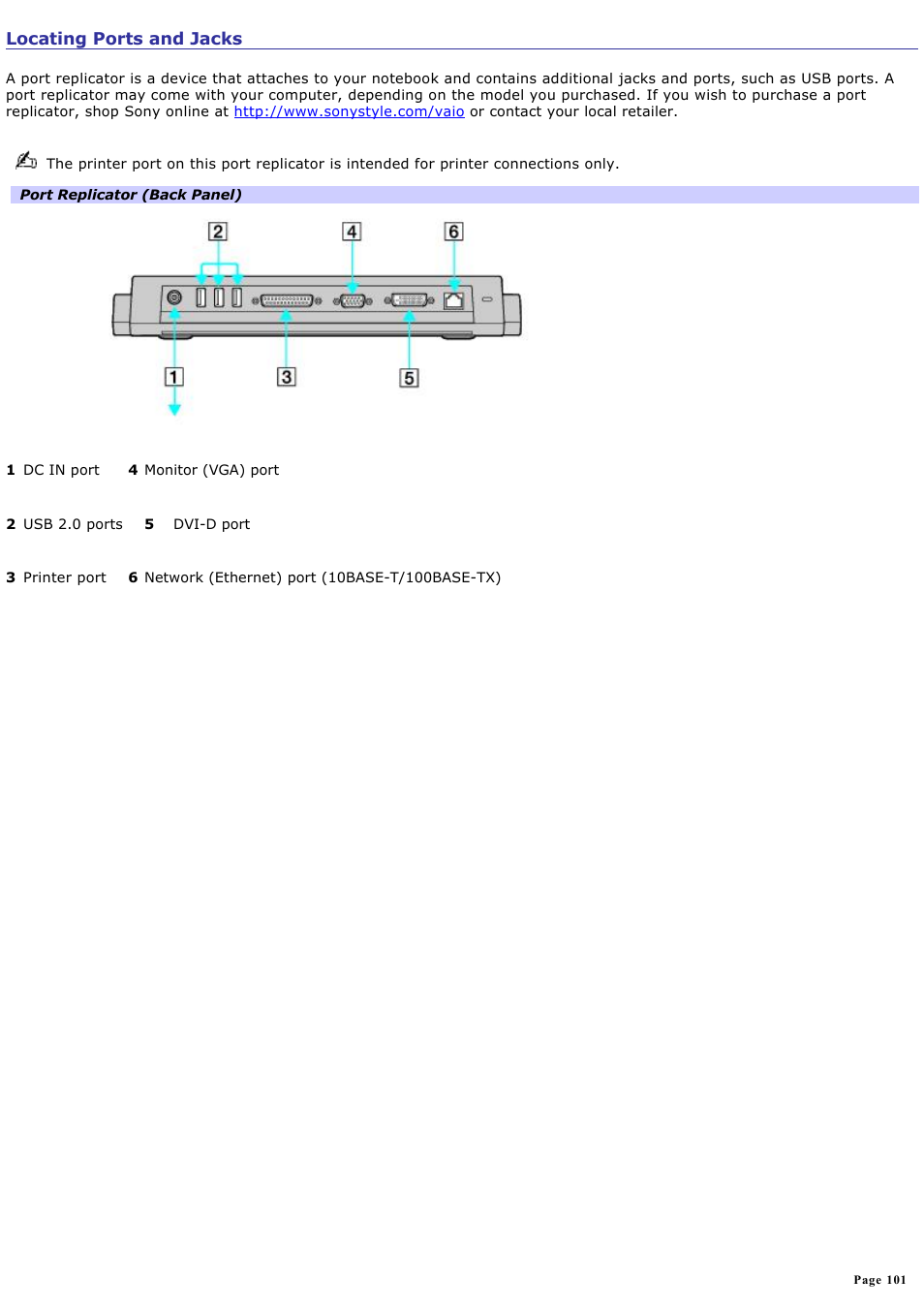 Locating ports and jacks, On the port replicator. for more information, see, Locating ports | And jacks | Sony PCG-Z1A User Manual | Page 101 / 164