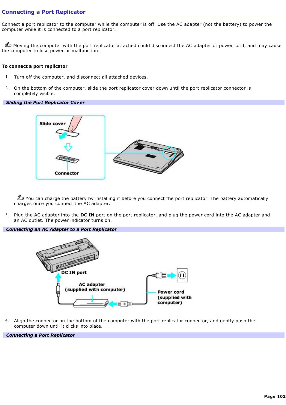 Connecting a port replicator | Sony PCG-Z1A User Manual | Page 102 / 164