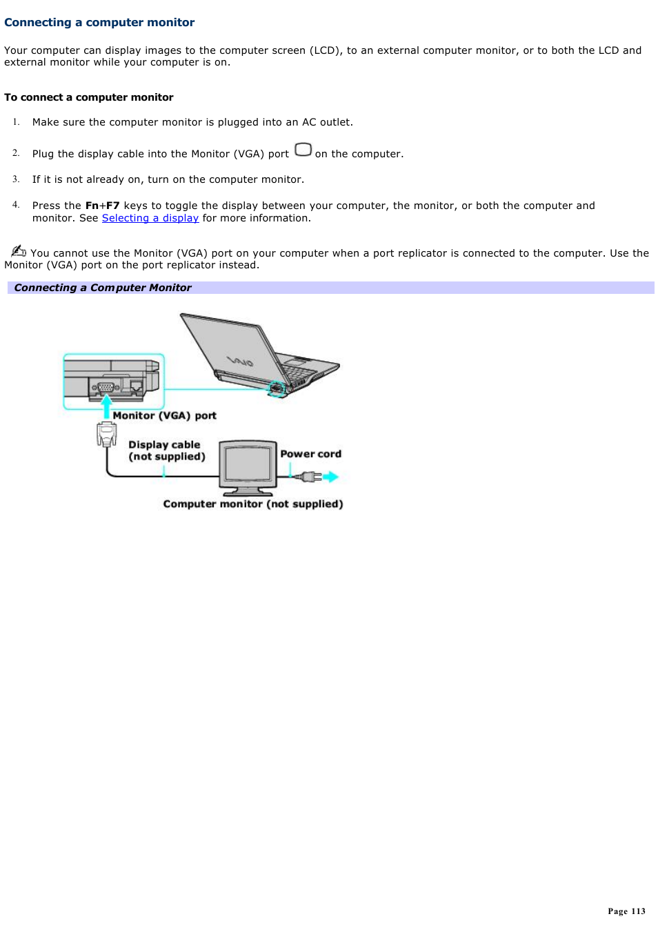 Connecting a computer monitor | Sony PCG-Z1A User Manual | Page 113 / 164