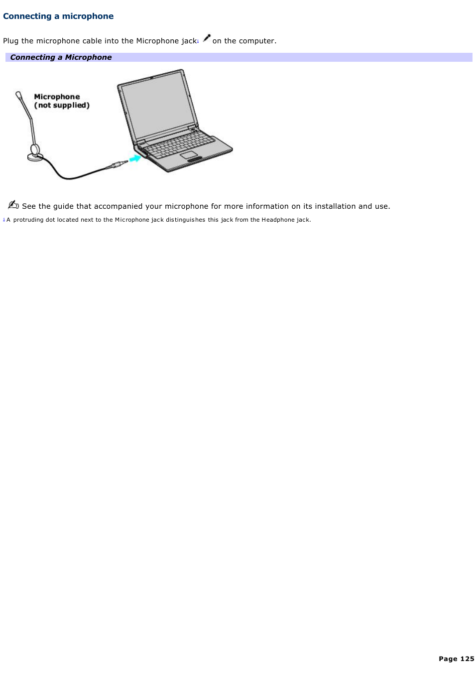 Connecting a microphone | Sony PCG-Z1A User Manual | Page 125 / 164