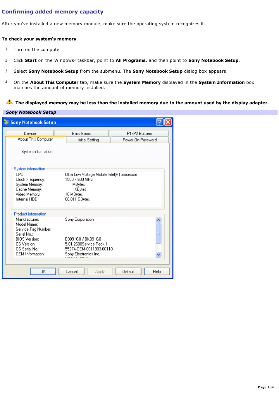 Confirming added memory capacity | Sony PCG-Z1A User Manual | Page 134 / 164