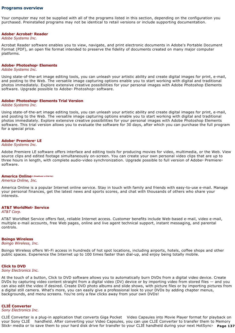 Programs overview, Section, depending on the | Sony PCG-Z1A User Manual | Page 137 / 164