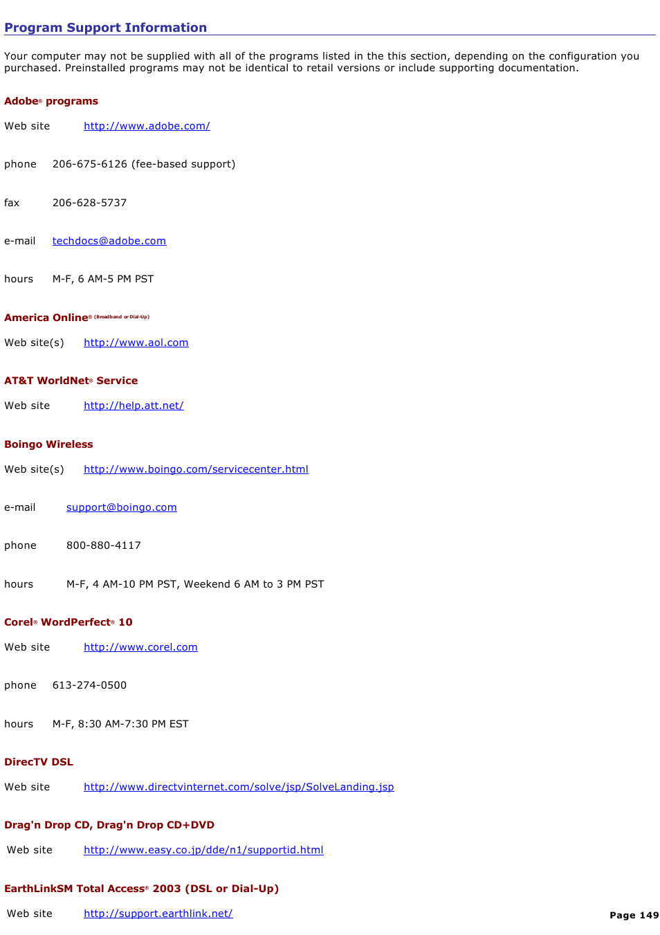 Program support information | Sony PCG-Z1A User Manual | Page 149 / 164