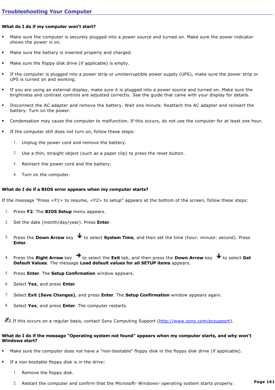 Troubleshooting your computer | Sony PCG-Z1A User Manual | Page 161 / 164