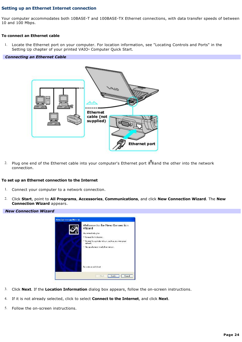 Setting up an ethernet internet connection | Sony PCG-Z1A User Manual | Page 24 / 164